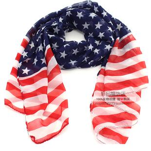 加长新款水兵舞蹈印花丝巾雪纺女士围巾国旗欧美星条旗防晒披肩巾