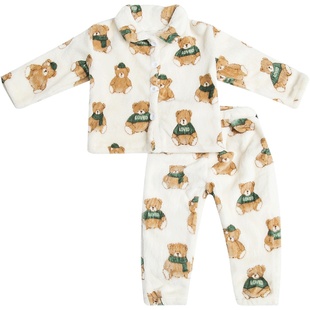 儿童法兰绒睡衣套装秋冬男女童加绒家居服宝宝珊瑚绒卡通小熊男孩