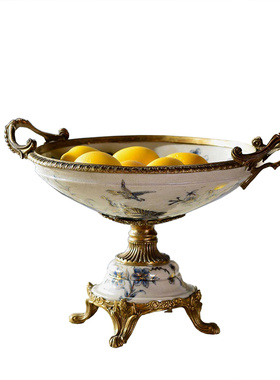 欧式风陶瓷铜果盘花插摆设工艺品