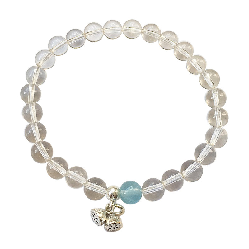 清凉一夏。天然白水晶海蓝宝手链女纯银莲蓬吊坠手串五行喜水