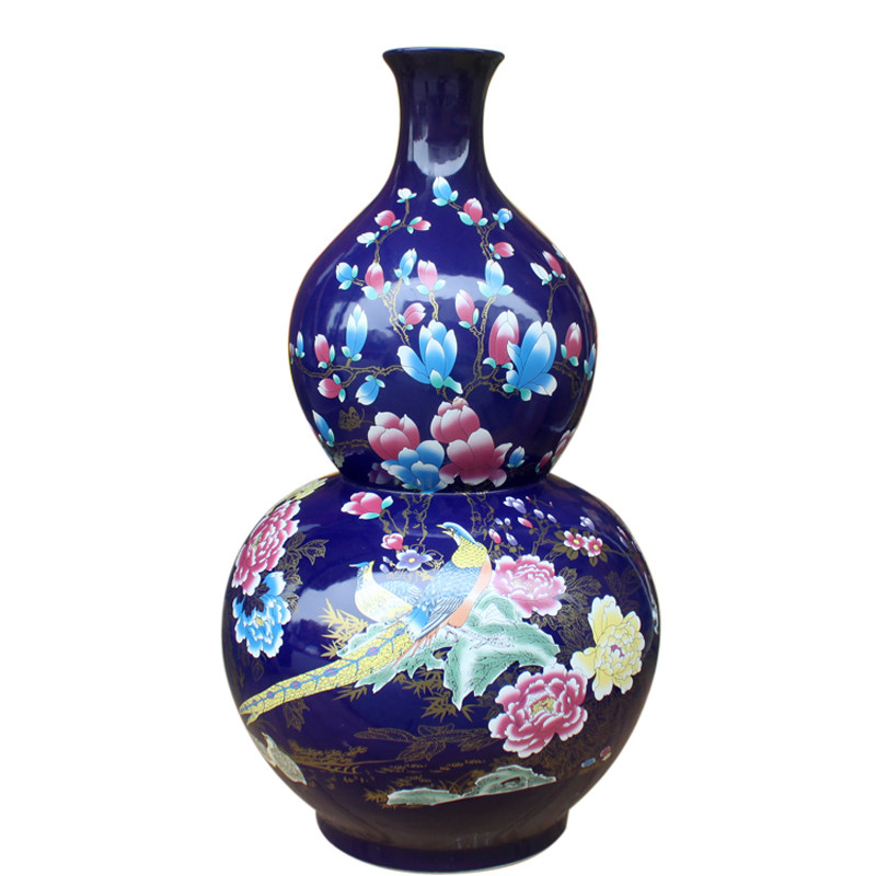 大号落地花瓶摆件景德镇陶瓷器宝蓝玄关中式葫芦家居装饰瓷瓶客厅