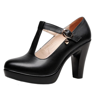 真皮丁字式扣带高跟鞋粗跟圆头一体跟防水台T台职业模特鞋 女单鞋