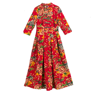 复古文艺民族风大花布棉麻连衣裙女装修身显瘦立领盘扣七分袖长裙