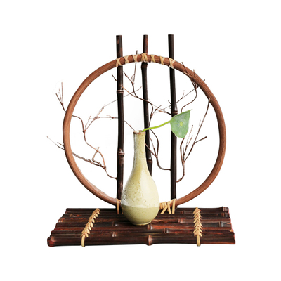 中式手工禅意竹编花插花篮摆件