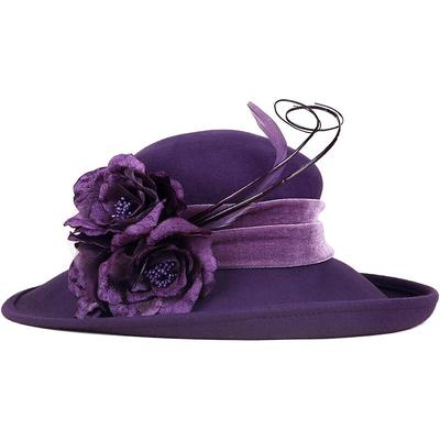 优雅风出游礼帽黑色毛呢花朵大檐