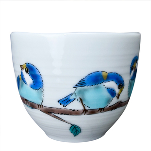 现货日本九谷烧山雀图汤吞日式陶瓷茶杯汤吞茶具水杯子