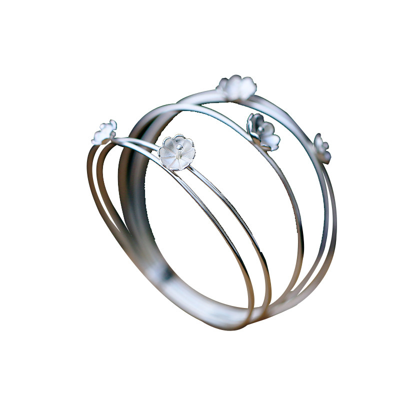 原创纯银自然清新樱花花簇多圈层手镯梅花丁香花手环文艺时尚银镯