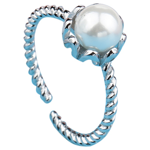 S925纯银镀18K白金戒指空托 女士款活口可调节珍珠戒托圆珠戒指托