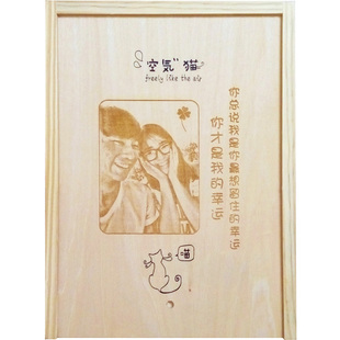 DIY刻字笔记本定制照片创意记事本木盒 空气猫A5布面手帐本木刻画