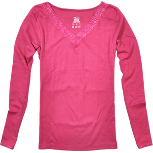 hanes恒适长袖蕾丝保暖内衣女冬上衣V领性感秋衣打底衫MTW128包邮