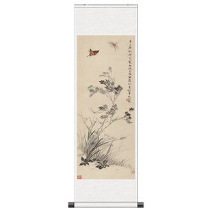 秋风蝴蝶清代国画丝绸画卷轴画条幅花鸟画客厅书画作品装饰风水画