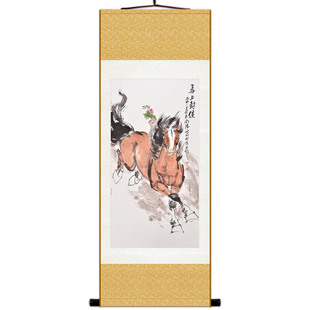 马上封侯图 奔马骏马猴子丝绸挂画 复古书房客厅装饰画玄关卷轴画