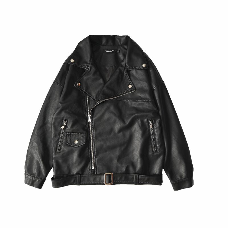 oversize皮衣外套加绒秋冬chic机车腰带长袖皮夹克bf原宿PU上衣潮