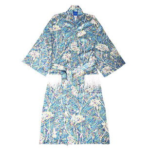 soie jardin 3#梵高 桑蚕丝印花拼鸵鸟毛长睡袍 真丝家居浴袍晨袍