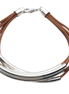 原创牛皮绳银饰手链休闲情侣款