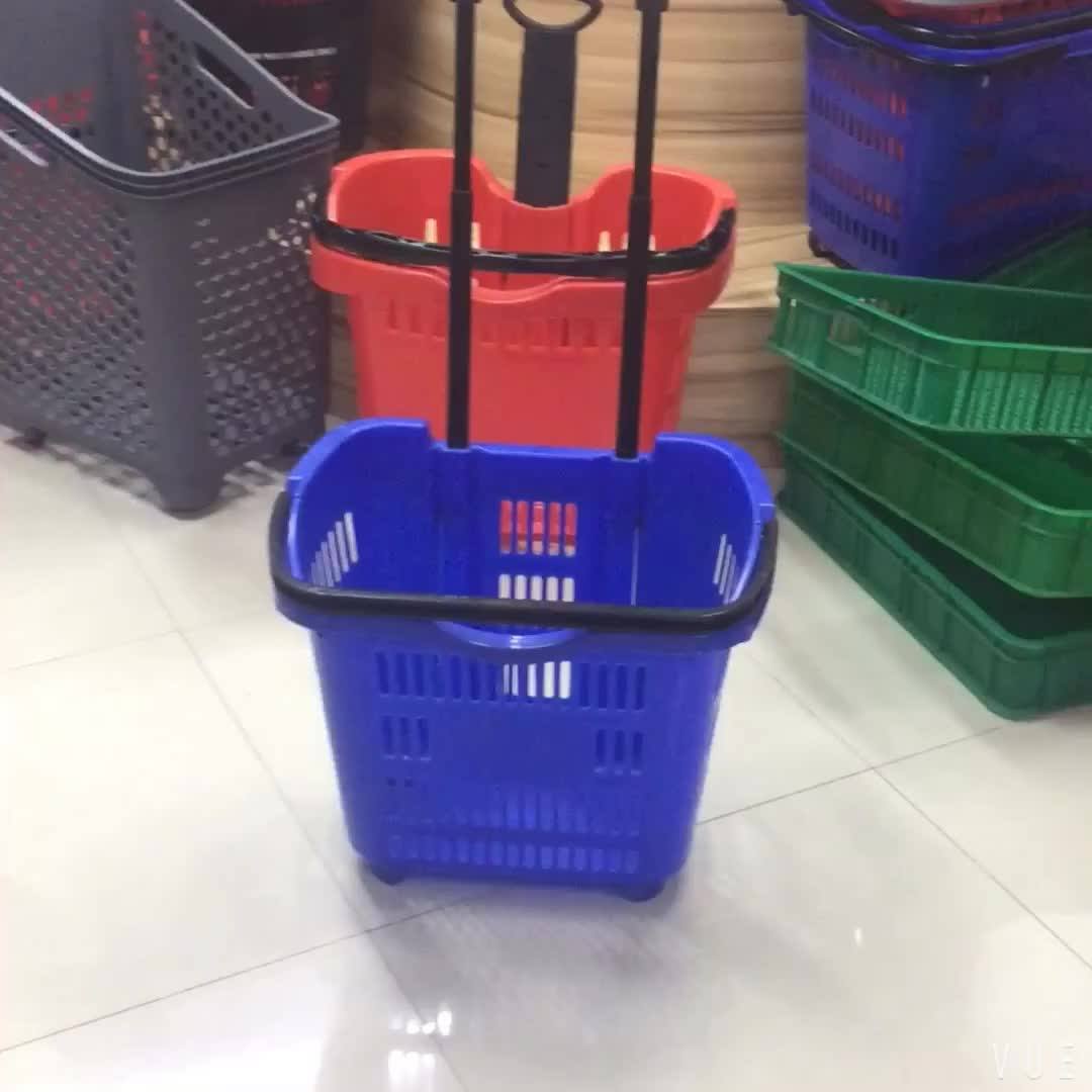 Supermarket Green Rolling Shopping Basket With 2 Wheels/ Trolley Basket