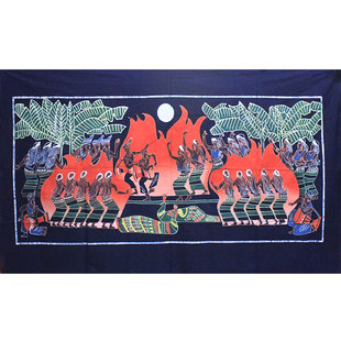 佤族欢歌云南风情特色装饰画手工蜡染画火把节餐厅酒吧背景布艺画