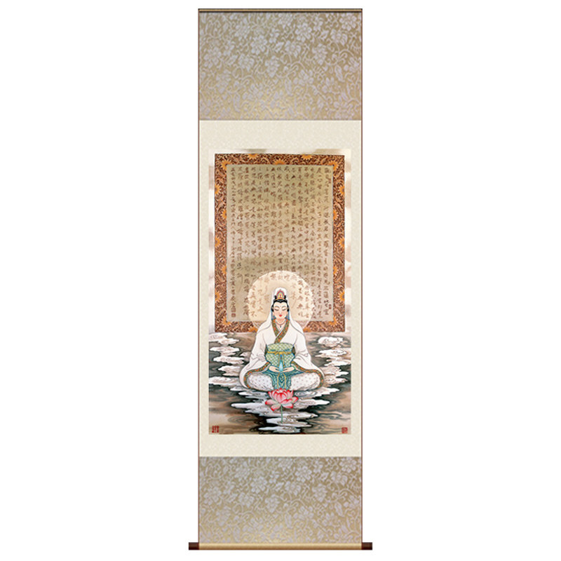 荷花观音装饰画玄关风水画书房挂画丝绸画般若菠萝蜜心经