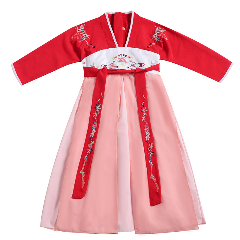 女童汉服元旦表演服长袖超仙襦裙喜庆宝宝拜年服春秋装连衣裙马甲
