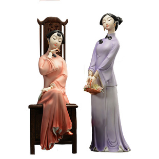 陶瓷人物古典美女家居工艺品 彩瓷仕女摆件结婚高档礼品德化瓷器