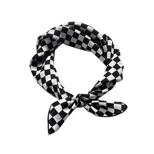 黑白格子嘻哈丝巾小方巾棋盘格围巾街头男女桑蚕丝小领巾ins发带