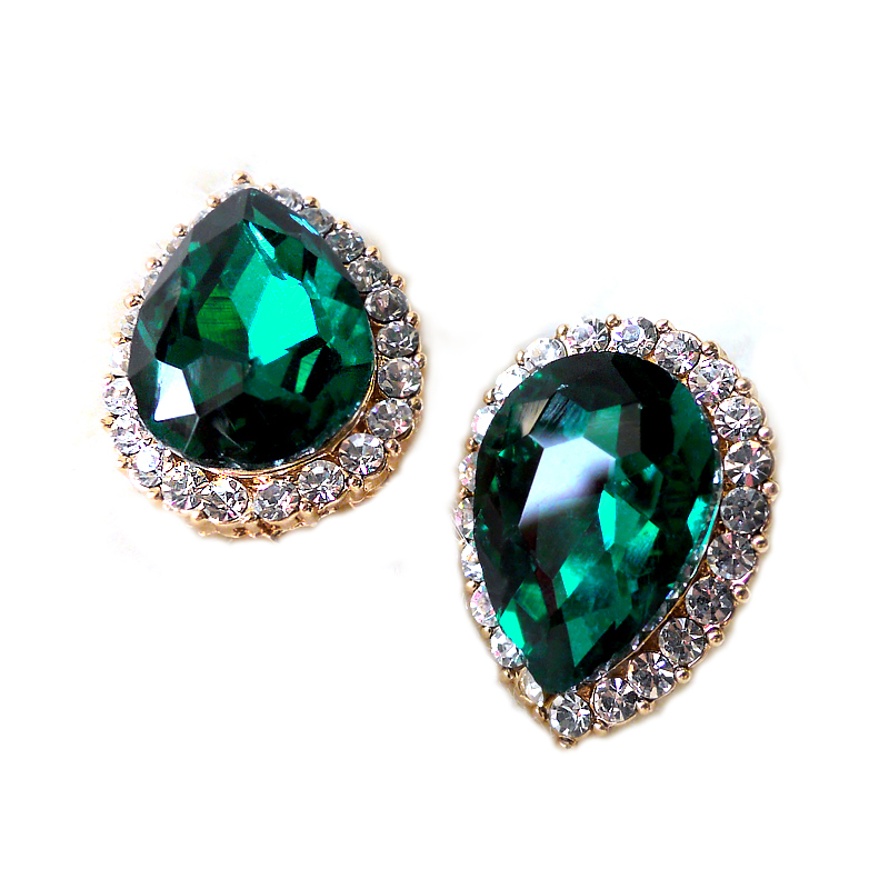 韩版超闪绿宝石水滴防敏大耳钉宝蓝色无耳洞耳夹耳扣新娘耳钉