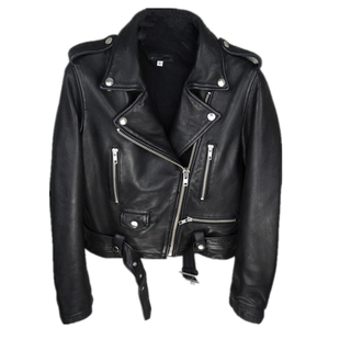 出口5万日元女款意大利油蜡绵羊皮重水洗褶皱腰带款修身款机车服