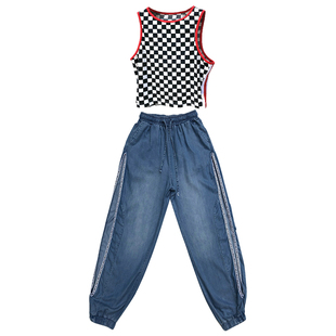 kpop女团套装冰丝牛仔宽松镂空jazz裤子爵士跳舞嘻哈街舞演出服装