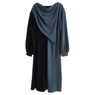 【LAMBO独家】翻绒针织 立体折皱 拼色修身长袖长连衣裙