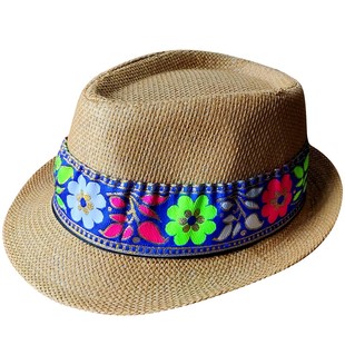 亚麻料镂空透气草帽度假爵士帽民族风帽子手工刺绣礼帽沙滩遮阳帽