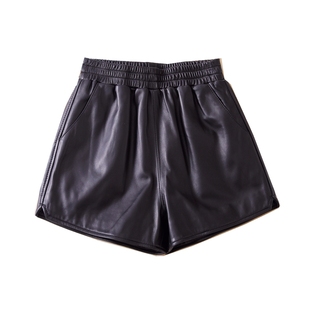 2025新款松紧腰显瘦真皮皮裤女纯绵羊皮短裤A字高腰宽松阔腿裙裤