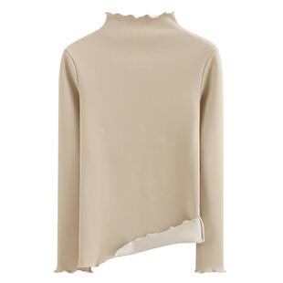 冬荷叶边半高领纯白加绒加厚长袖体恤女纯色保暖木耳边百搭打底衫