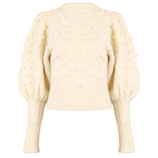 白色灯笼麻花袖小款毛衣女2018新款秋冬季短款针织打底衫修身套头