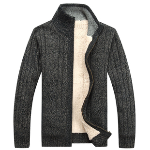 见展车冬装新款男士开衫毛衣加绒加厚男装大码休闲毛衫厚款外套