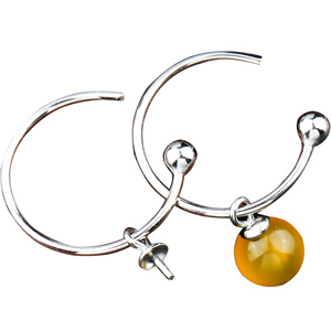 S925银耳环托 DIY珍珠托 镶嵌蜜蜡琥珀宝石耳环空托圆珠耳环托4-8