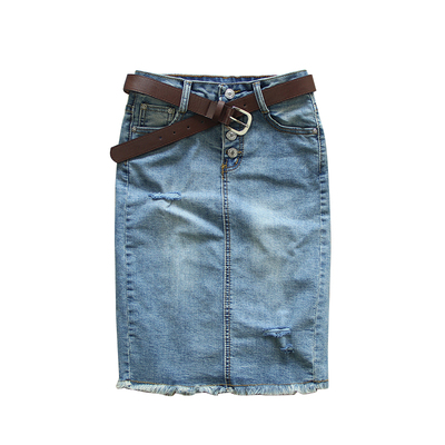 破洞高腰牛仔中裙包臀