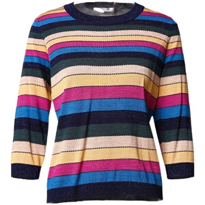 Anlom/娅奴中袖针织套头衫女早秋季新款时尚修身拼色条纹圆领上衣