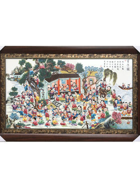 陶瓷手绘百子图有框客厅装饰画