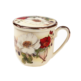 韩国进口 Rose Bella 花卉 陶瓷 金边 盖杯 杯子 杯 水杯 有柄杯