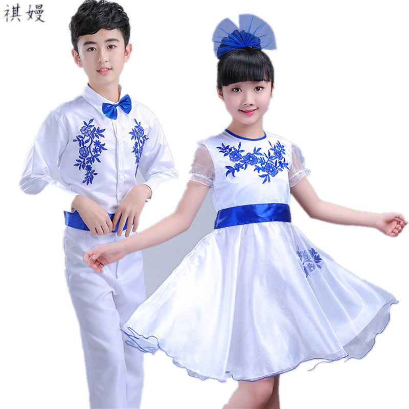 新款六一儿童青花瓷合唱服演出服服男女童古筝表演幼儿园舞蹈比赛