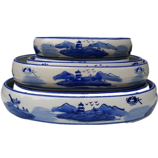 包邮上水石水灵石吸水石假山特大青花陶瓷盆椭圆形盆景观摆件花盆