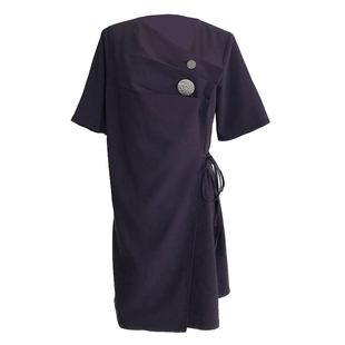 【LAMBO独家】 金属扣子 不对称折皱 绑带 亚麻 短袖 连衣裙