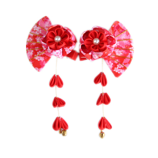 儿童古风扇子花朵发饰女童汉服刘海发夹子宝宝红色发卡流苏配饰品