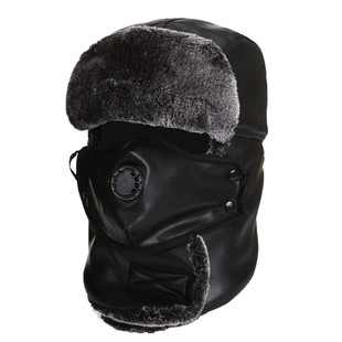 PU皮雷锋帽男韩版加厚加绒保暖护脖帽户外防风骑车帽子防寒东北帽