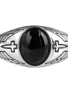 正品黑玛瑙纯银戒指男暗黑欧洲