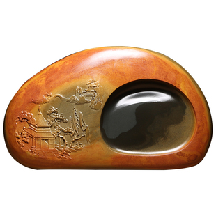非遗歙砚名师作品/山水题材/金皮原石籽料原石歙砚并肩老坑端砚礼品文房四宝砚台收藏送礼佳品摆件砚台配礼盒