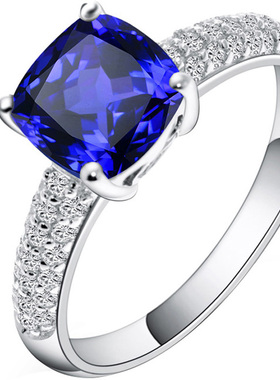 纯银镶嵌克拉方形女款蓝宝石戒指