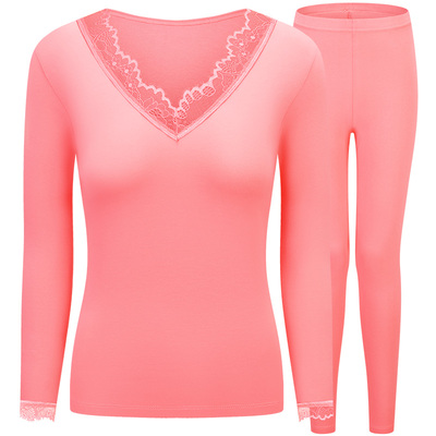 薄款纯棉低领蕾丝女套装保暖内衣