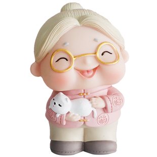 慈祥老爷爷老奶奶玩偶摆件拿茶杯抱猫咪老人祝寿生日金婚蛋糕装饰