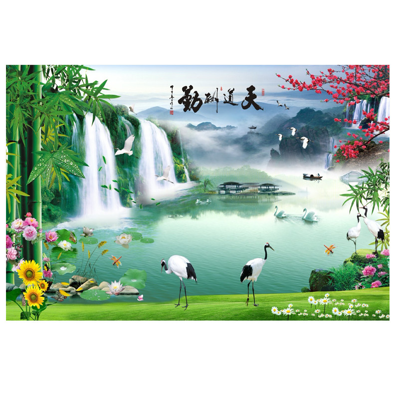 中式客厅大型3d墙纸立体电视背景墙壁画简约无缝影视墙布壁纸山水